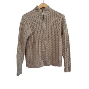 L.L. Bean Cable Knit Zip Up Sweater Jacket Womens Large Tan Winter Preppy Luxury